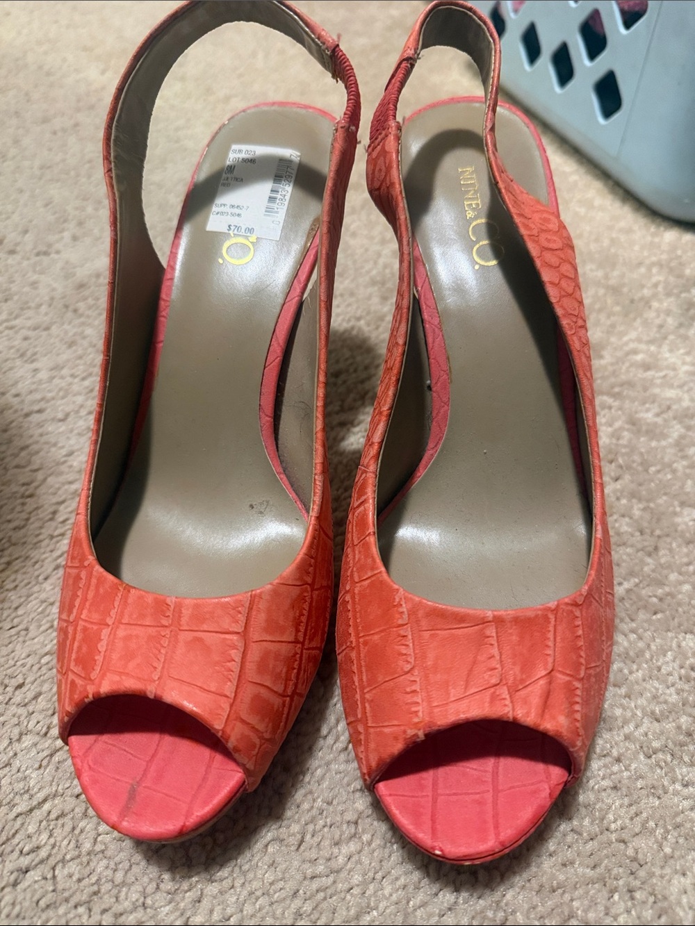 Nine & Co. Coral Orange Croc-Texture Peep-Toe Slingback Heels